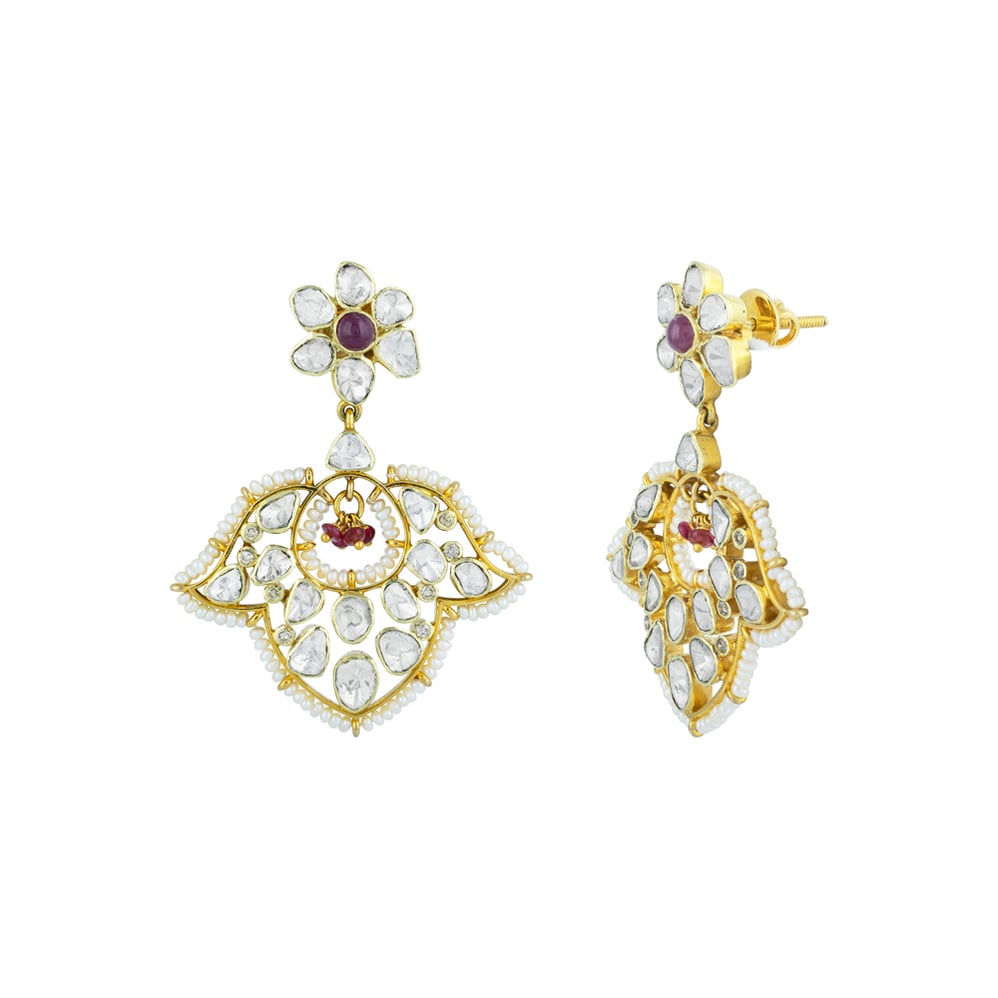 Floral Polki Earrings with Red Accent & Pearl Beads